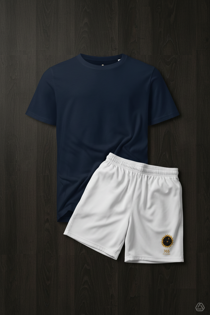 Flat lay Short Blanco + Tee French Navy sin logo sobre madera wengué