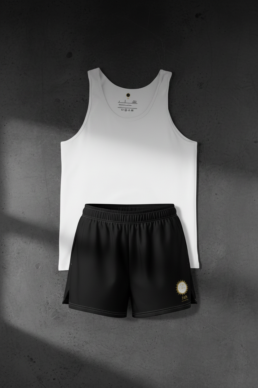 Flat lay Short Negro + Tank Blanca fondo oscuro
