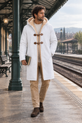 Modelo con abrigo blanco y pantalón camel en una estación