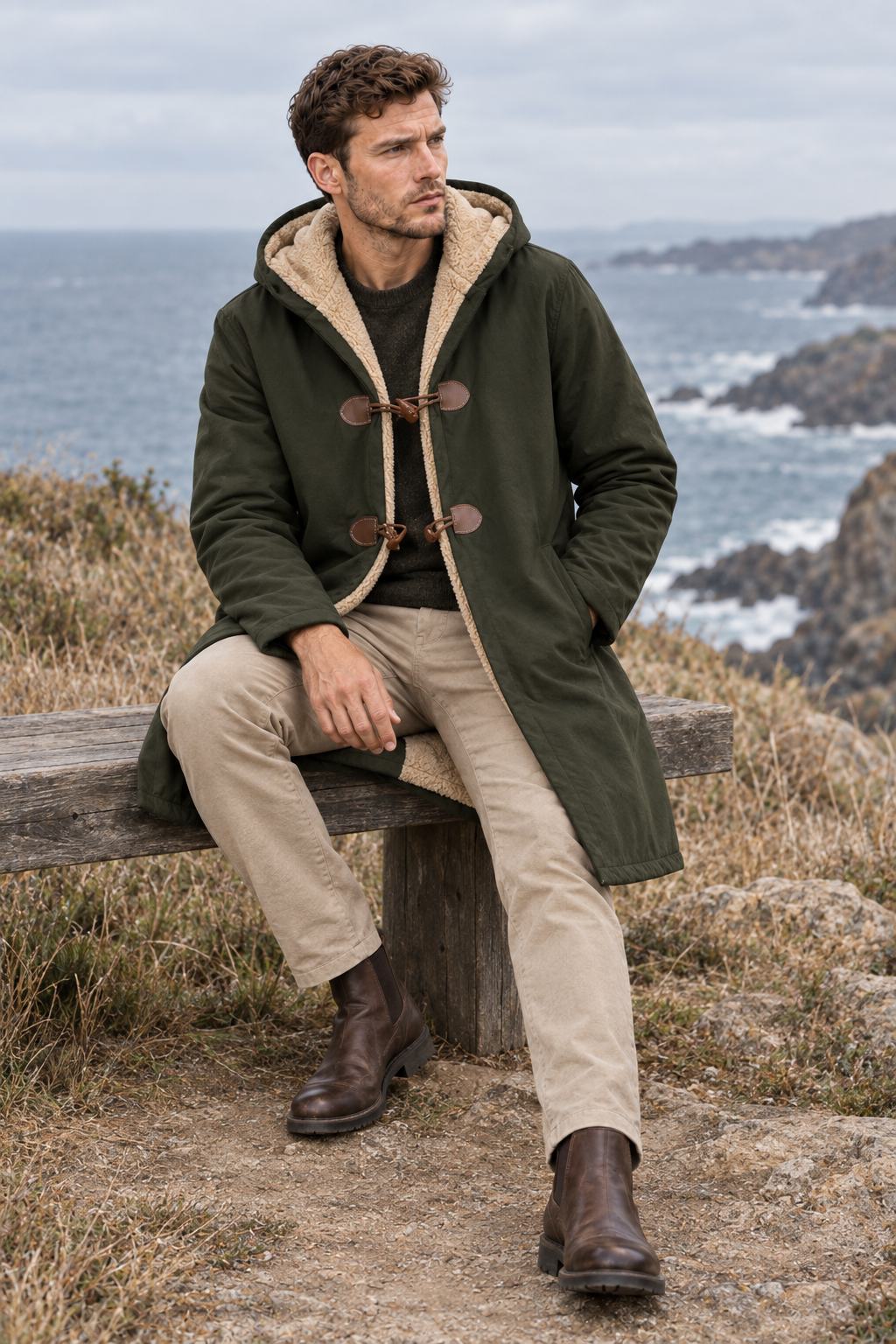 Modelo con abrigo verde oliva en un mirador costero