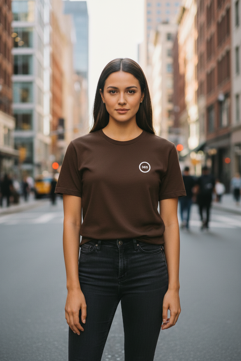 Modelo femenino camiseta chocolate de frente urbano