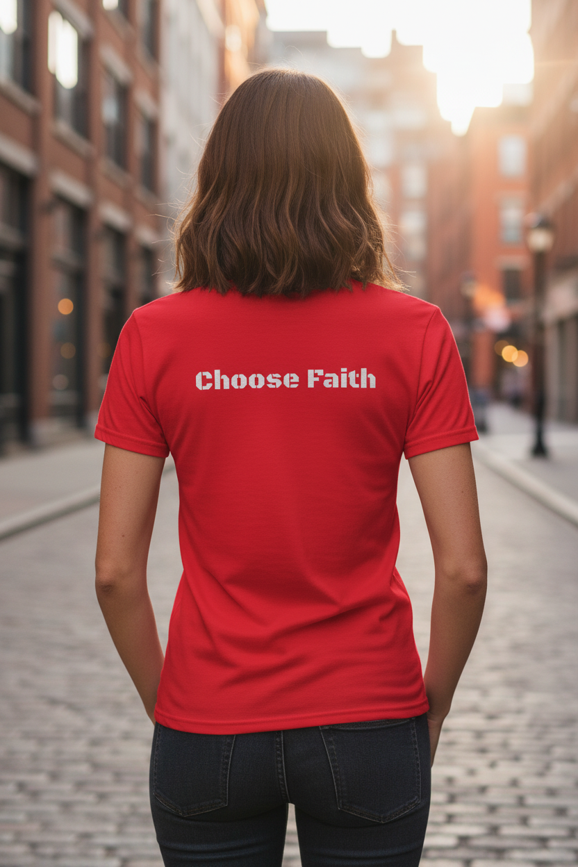 Modelo femenino camiseta roja de espaldas urbano
