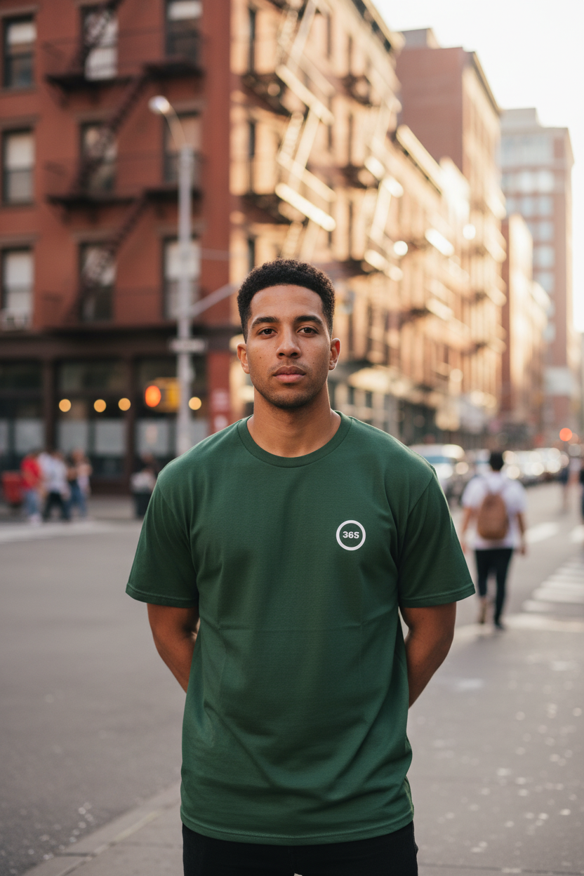 Modelo masculino camiseta verde bosque de frente urbano