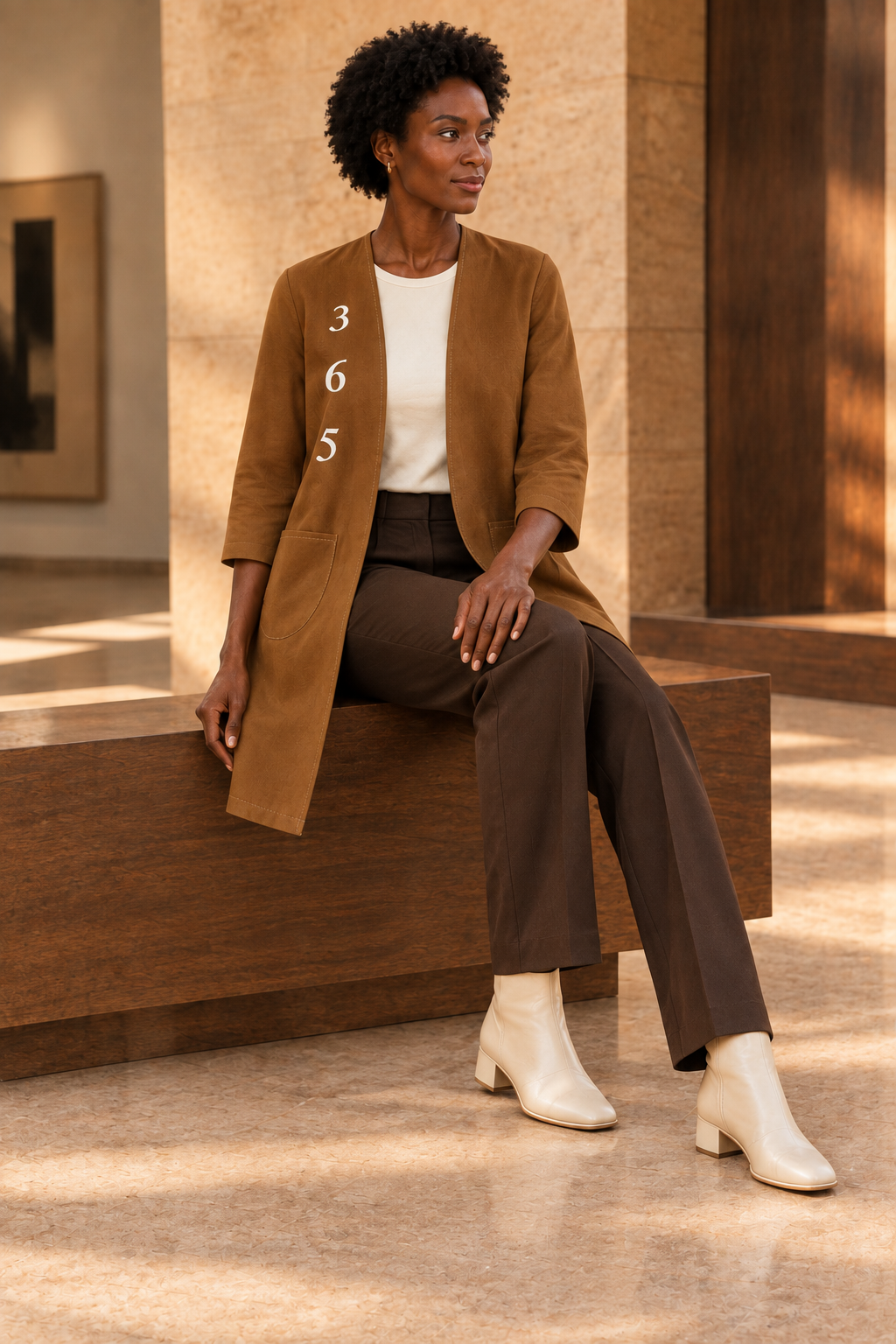 Modelo sentada con el abrigo camel 365